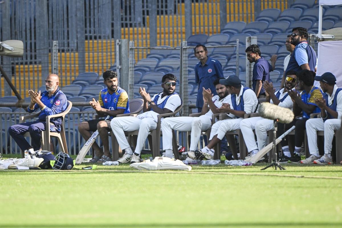 Kerala players and support staff cheer the team’s batters on the final day of the Ranji Trophy quarterfinal against Jammu and Kashmir in Pune on Wednesday. 