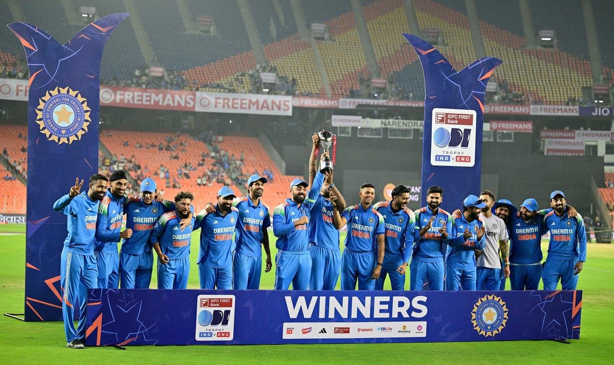 The Indian team celebrates the series win.